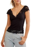 Free People Better Not Lace Trim Cap Sleeve Top In Black
