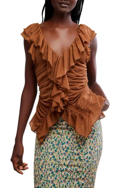 Free People Blythe Ruffle Neck Sleeveless Top In Brown