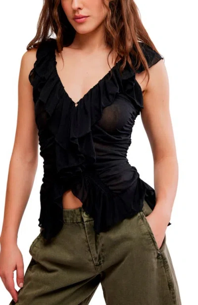 Free People Blythe Ruffle Neck Sleeveless Top In Black