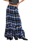 Free People Bordeaux Plaid Maxi Skirt In Navy Combo