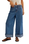 Free People Brette Stripe High Waist Crop Wide Leg Jeans In Bittersweet Blue