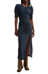 Free People Briella Printed Ruched Midi Dress In Army Combo In Blue
