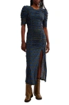 Free People Briella Printed Ruched Midi Dress In Army Combo In Blue
