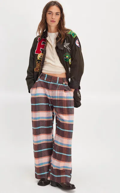 Free People Buckle Back Plaid Bold Trousers In Brown Combo In Blue