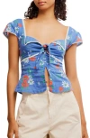 Free People Call Me Baby Knotted Detail Cropped Blouse In Patterned Blue