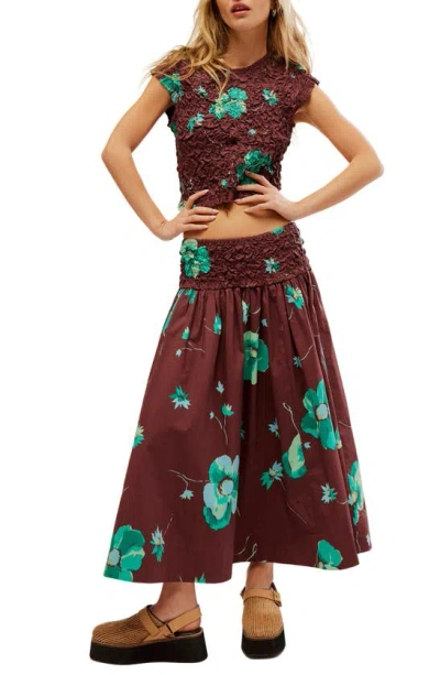 Free People Carino Floral Two-piece Stretch Cotton Crop Top & Midi Skirt In French Chocolate Com