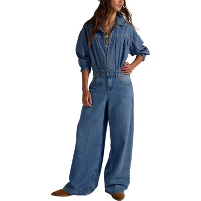 Free People Carpe Diem Long Sleeve Denim Jumpsuit In Blue
