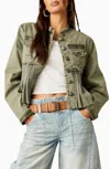 FREE PEOPLE CASSIDY PLEATED STRETCH COTTON BUTTON-UP JACKET IN MILITARY