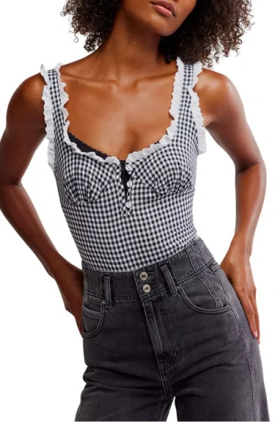 Free People Cassie Gingham Ruffle Bodysuit In Black And White