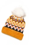 Free People Chalet Fairisle Knit Winter Hat Beanie With Pom Pom In Mustard Combo In Mustard Combo