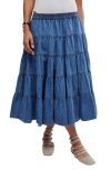 FREE PEOPLE CHAMBRAY TIERED MIDI SKIRT