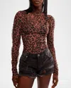 Free People Charlie Print Turtleneck Mesh Top In Cocoa
