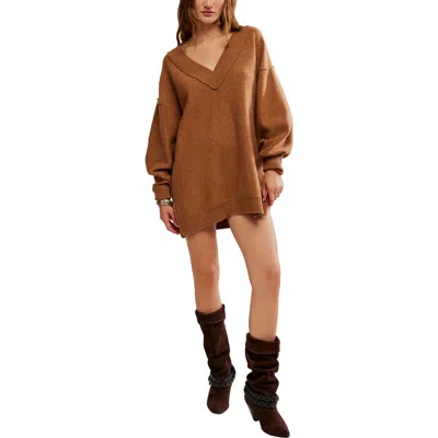 Free People Chelsea V-neck Tunic Sweater In Brown