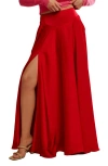 Free People Chilco Side Slit Satin Maxi Skirt In Red