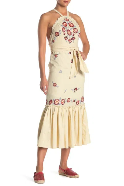 Pre-owned Free People , Chrysanthemum Kiss Embroidered Maxi Dress, Ecru Combo In White