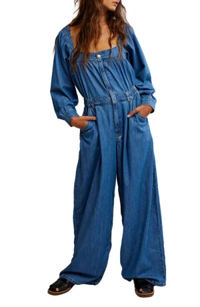Free People Clara Long Sleeve Denim Jumpsuit In Going Steady