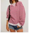 Free People Classic Striped Oversized Crewneck In Cherry Combo In Pink