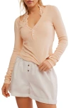 Free People Coffee Chat Pointelle Long Sleeve Cotton Top In Tender Peach