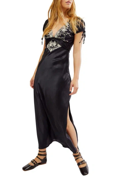 Free People Cooper Embroidered Satin Maxi Dress In Black