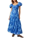 Free People Cotton Short Sleeve Smocked Maxi Dress In Sapphire Combo