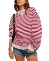 Free People Classic Striped Oversized Crewneck In Cherry Combo In Raspberry Combo