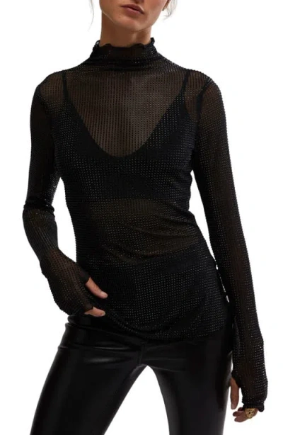 Free People Dance All Night Crystal Embellished Sheer Long Sleeve Top In Black