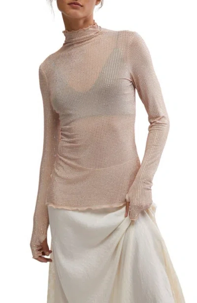 Free People Dance All Night Crystal Embellished Sheer Long Sleeve Top In Peach