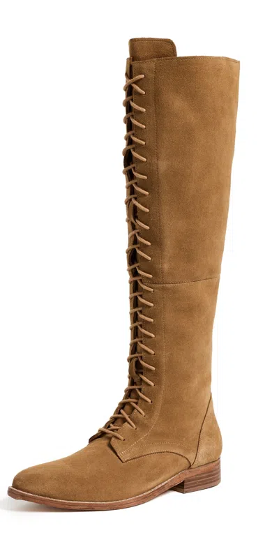 Free People Davey Over-the-knee Lace Up Boots Camel Suede In Brown