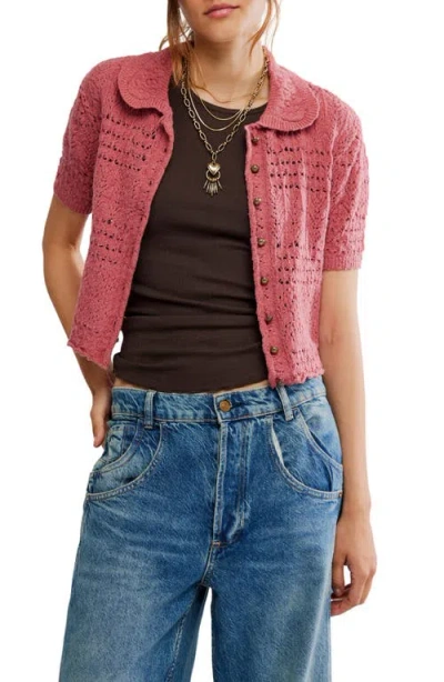 Free People Daylight Collared Short Sleeve Cotton Blend Cardigan In Pink