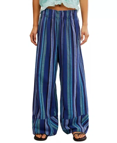 Free People Days End Linen Stripe Pant In Navy Combo In Red