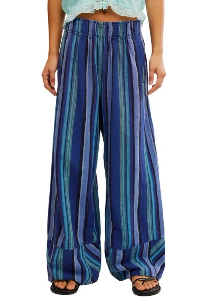 Free People Days End Stripe Wide Leg Linen Pants In Blue