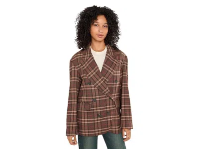 Free People Dean Double-breasted Blazer Women's Coat Oliver Plaid- Brown: Md (women's 8-10), Elastane/polyester/