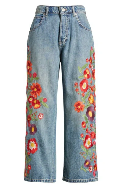 Free People Deep Trance Floral Embroidered Nonstretch Wide Leg Jeans In Blue