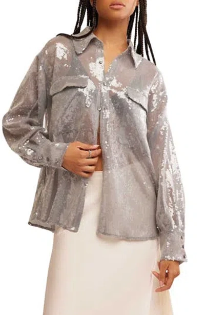 Free People Disco Margarita Sheer Sequin Button-up Shirt In Rocket