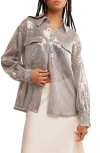 Free People Disco Margarita Sheer Sequin Button-up Shirt In Rocket