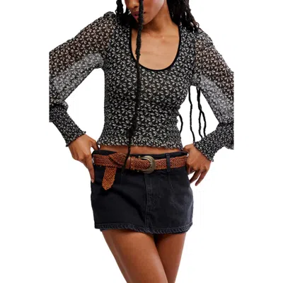 Free People Dottie Bow Print Sheer Sleeve Smocked Top In Black