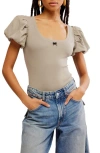 Free People Downtime Puff Sleeve Bodysuit In Laurel Oak