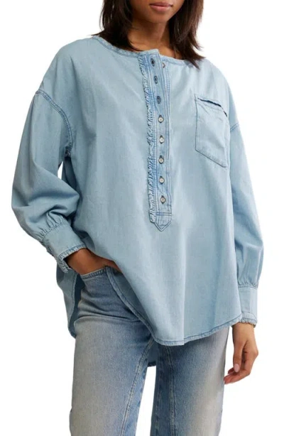 Free People Dreaming Ruffle Oversize Chambray Shirt In Blue