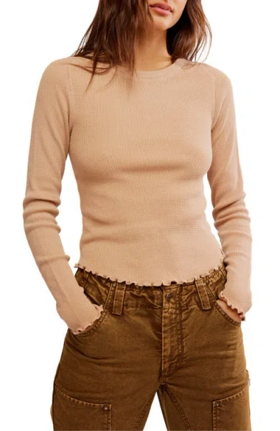 Free People Easy Does It Long Sleeve Waffle Knit Cotton T-shirt In Cuban Sand