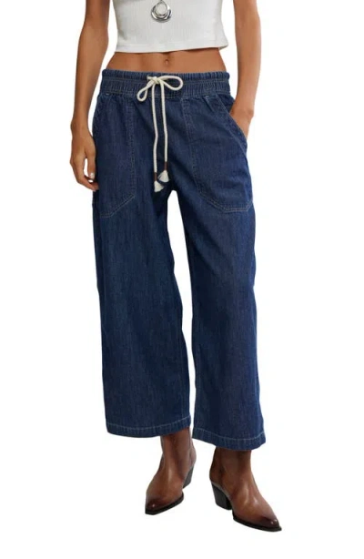 Free People Easy Peasy Wide Leg Mid Rise Denim Drawstring Pants In Blue