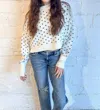 Free People Easy Street Crop Sweater Top In White With Navy Butterflies In Multi