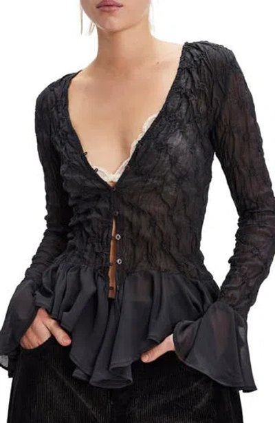 Free People Elias Smocked Long Sleeve Button-up Top In Black