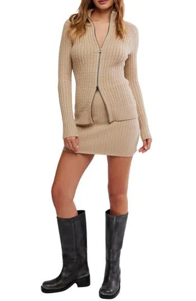 Free People Eliza Cable Zip-up Cardigan & Rib Miniskirt Set In Brown
