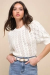 FREE PEOPLE ELOISE IVORY POINTELLE PUFF SLEEVE SWEATER TOP