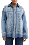 Free People Embroidered Oversize Denim Snap-up Shirt In Med Rancher Wash