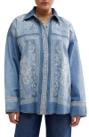 Free People Embroidered Oversize Denim Snap-up Shirt In Med Rancher Wash