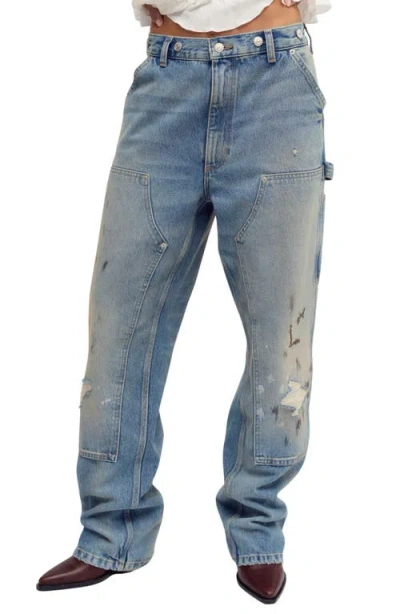 Free People Emily High Waist Ripped Wide Leg Carpenter Jeans In Blue