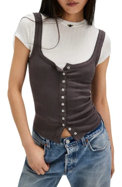 Free People End Game Pointelle Button-up Tank In Volcanic Glass