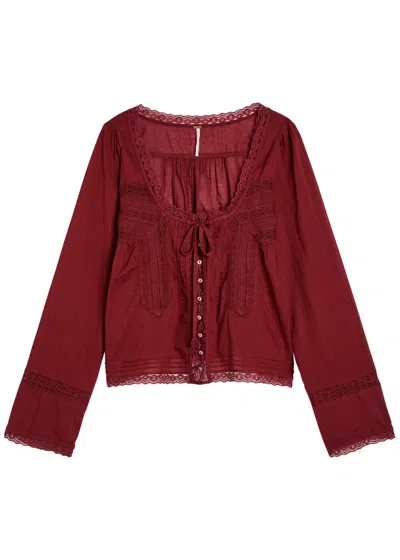 Free People Evermore Lace-embellished Cotton Blouse In Burgundy