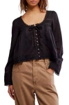 Free People Evermore Lace Inset Semisheer Cotton Top In Black